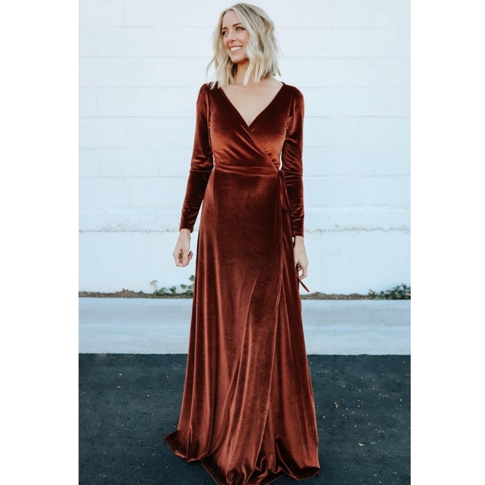 Baltic Born Esmeralda Terracotta Velvet Wrap Dress Long Sleeves V Neck Maxi